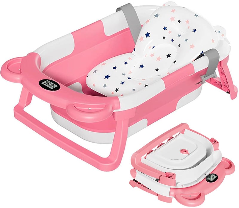 TPN Collapsible Baby Bathtub, Baby Bath Tub with Soft Cushion & Real-Time Thermometer, Baby Bathtub Infant to Toddler Tub (0-36 Months), Portable Travel Baby Tubs for Newborns (Pink) - Image 1