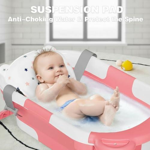 TPN Collapsible Baby Bathtub, Baby Bath Tub with Soft Cushion & Real-Time Thermometer, Baby Bathtub Infant to Toddler Tub (0-36 Months), Portable Travel Baby Tubs for Newborns (Pink) - Image 2