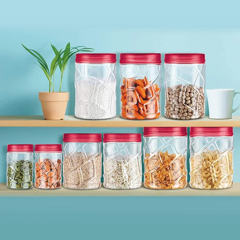 Milton Milton Vitro Plastic Pet Storage Jar and Container, Set of 24 (6 pcs x 270 ml Each, 6 pcs x 665 ml Each, 6 pcs x 1.24 Ltrs Each, 6 pcs x 1.85 Ltrs Each), Red Wine | Food Grade | Air Tight | BPA Free