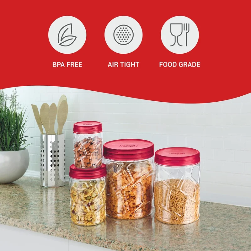 Milton Milton Vitro Plastic Pet Storage Jar and Container, Set of 24 (6 pcs x 270 ml Each, 6 pcs x 665 ml Each, 6 pcs x 1.24 Ltrs Each, 6 pcs x 1.85 Ltrs Each), Red Wine | Food Grade | Air Tight | BPA Free