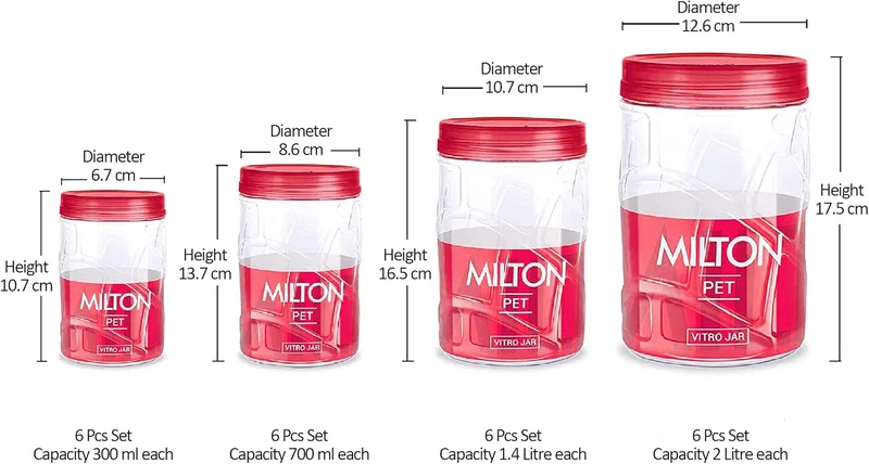 Milton Milton Vitro Plastic Pet Storage Jar and Container, Set of 24 (6 pcs x 270 ml Each, 6 pcs x 665 ml Each, 6 pcs x 1.24 Ltrs Each, 6 pcs x 1.85 Ltrs Each), Red Wine | Food Grade | Air Tight | BPA Free