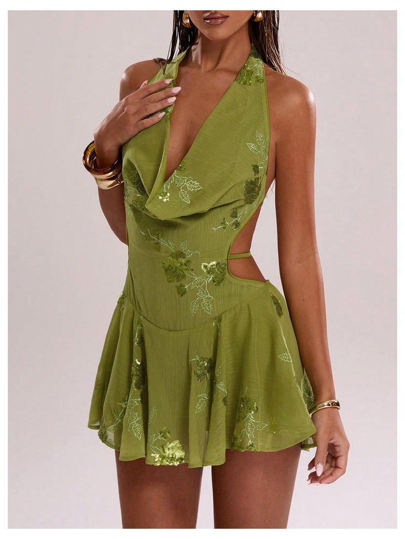 MakeMeChic Women's Floral Sequin Halter Dress Embroidery Draped A Line Y2K Mini Dresses Green Small - Image 2
