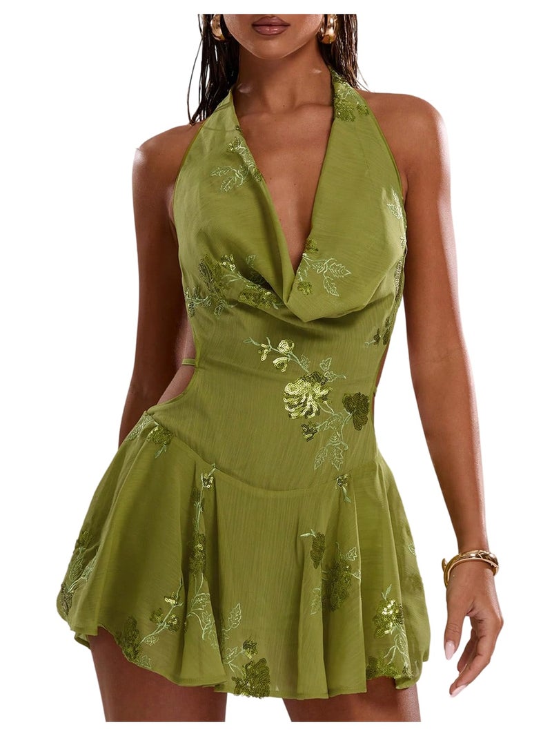 MakeMeChic Women's Floral Sequin Halter Dress Embroidery Draped A Line Y2K Mini Dresses Green Small - Image 1