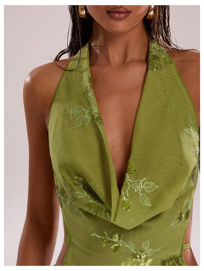 MakeMeChic Women's Floral Sequin Halter Dress Embroidery Draped A Line Y2K Mini Dresses Green Small - Image 3