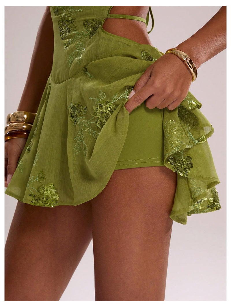 MakeMeChic Women's Floral Sequin Halter Dress Embroidery Draped A Line Y2K Mini Dresses Green Small - Image 5
