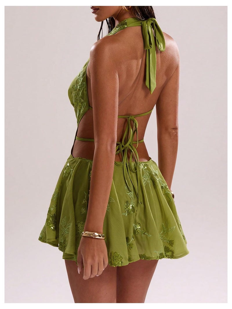 MakeMeChic Women's Floral Sequin Halter Dress Embroidery Draped A Line Y2K Mini Dresses Green Small - Image 4