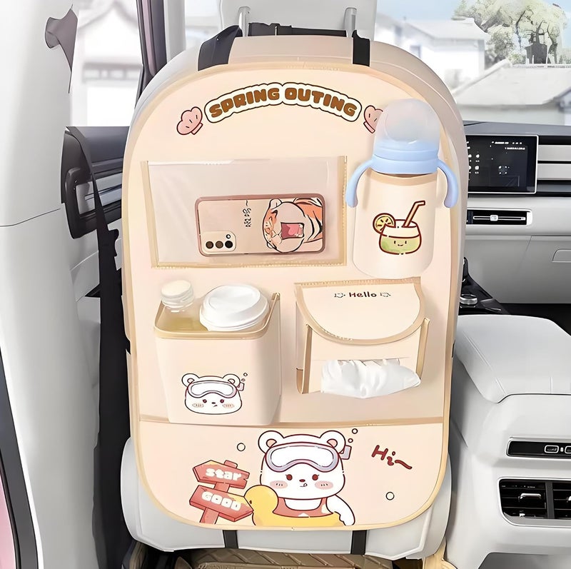 Tazweeq Car Back Seat Organizer - Kickproof Waterproof Backrest Storage Bag with 6 Pockets, Backrest Storage Bag Cartoon Travel Accessories (Bear) - Image 2