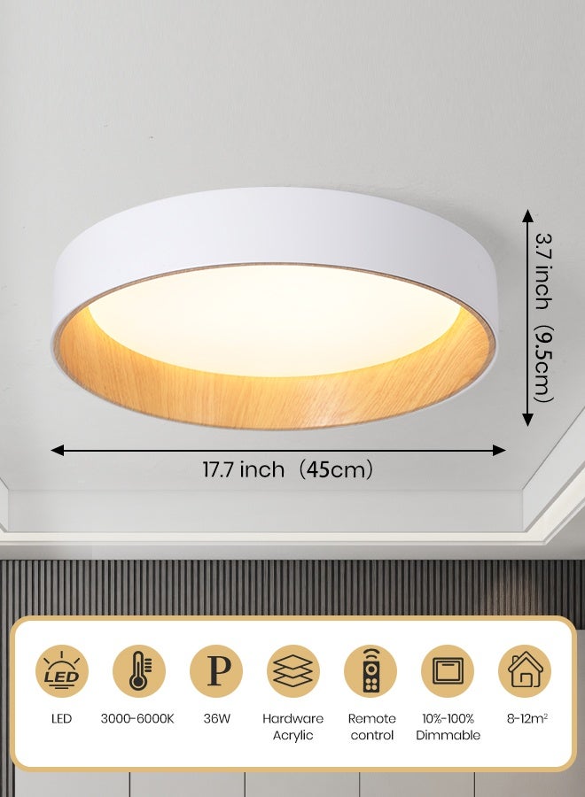 YATAI LIGHTING Modern Round LED Ceiling Light, 36W Flush Mount Fixture with Remote, 3-Color Dimmable (3000K-6000K), White & Wood Finish, 45cm Minimalist Lighting for Bedroom, Dining, Hallway - Image 3