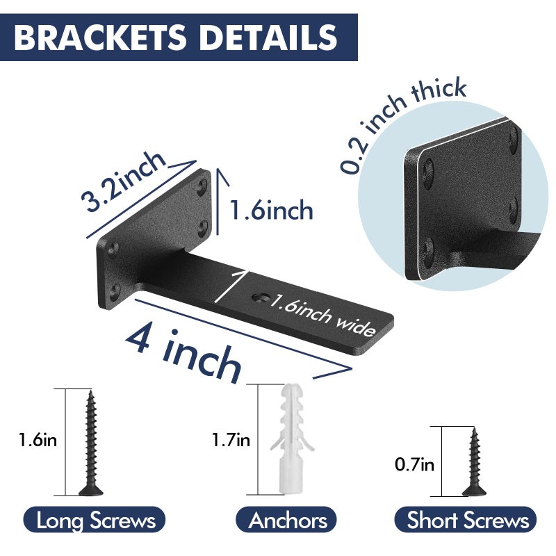 Starunder 6 Pack Floating Shelf Brackets, 4 Inch Heavy Duty Industrial Shelf Bracket, Black Metal L Brackets for Shelves Support DIY(1/5 Inch Thicked) - Image 2