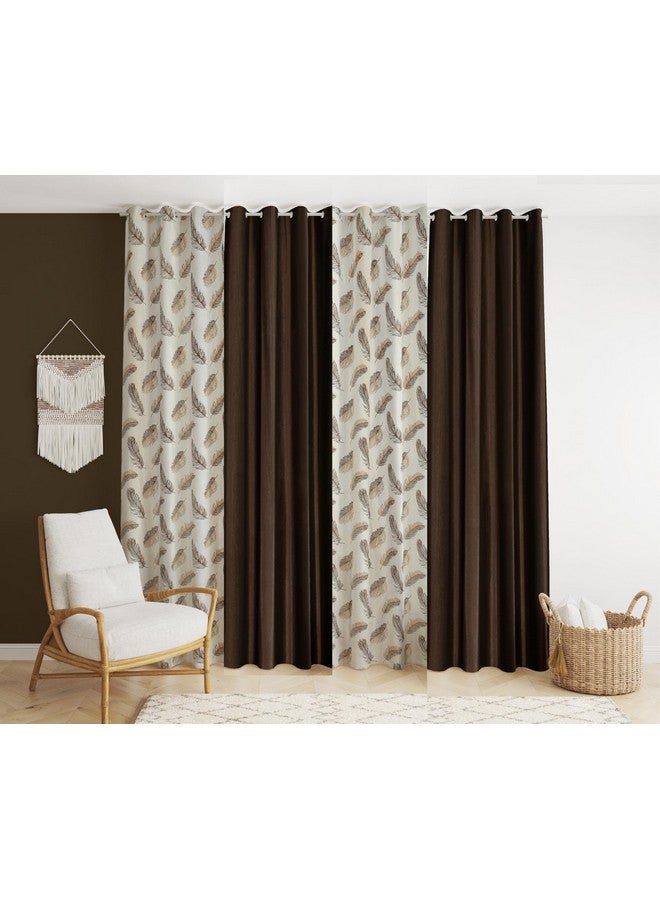DEVSANG Polyester Eyelet Printed And Solid Set Of 4 (2 Print And 2 Solid) Window Door Semi Sheer Curtains (Brown, 7 Feet) - Image 1