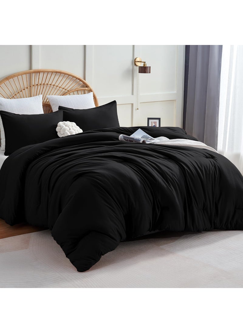 CozyLux CozyLux Black Comforter Set Queen Size  3 Pieces Solid Breathable Quilted Style Bedding Sets  Luxury Fluffy Soft Microfiber Comforter for All Season(1 Comforter & 2 Pillowcases) 