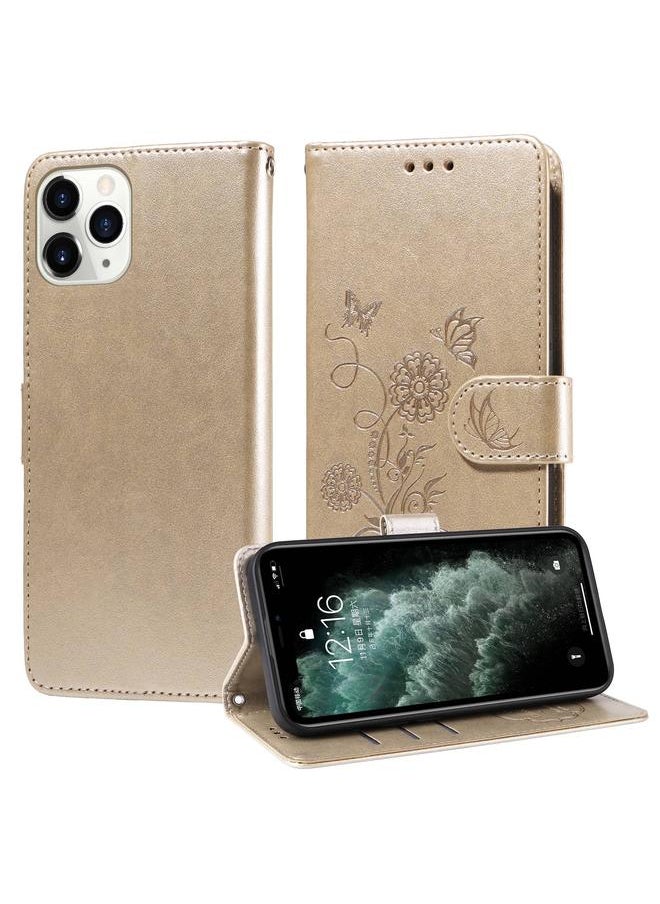 Generic For iPhone 11 Pro Max Embossed Butterfly Flowers Leather Phone Case(Gold) 