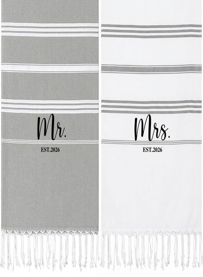 Physkoa 2Pcs Mr and Mrs Beach Towel, Honeymoon Bride and Groom Towel for Beach, Wedding for Newlywed Couple His and Her, Quick Dry Soft Turkish Beach Favors with Tassels, 71x39 Inch (Grey, White) - Image 1