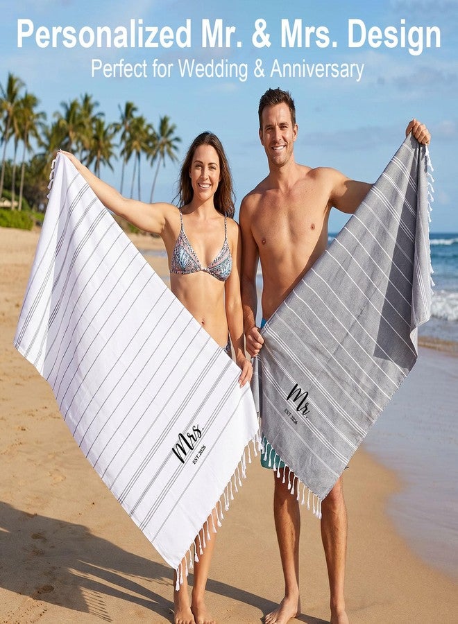 Physkoa 2Pcs Mr and Mrs Beach Towel, Honeymoon Bride and Groom Towel for Beach, Wedding for Newlywed Couple His and Her, Quick Dry Soft Turkish Beach Favors with Tassels, 71x39 Inch (Grey, White) - Image 3