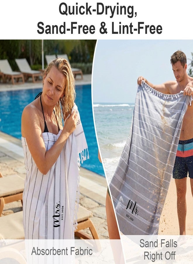 Physkoa 2Pcs Mr and Mrs Beach Towel, Honeymoon Bride and Groom Towel for Beach, Wedding for Newlywed Couple His and Her, Quick Dry Soft Turkish Beach Favors with Tassels, 71x39 Inch (Grey, White) - Image 4
