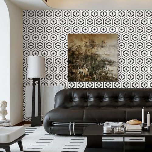 Naphite Black and White Peel and Stick Wallpaper Boho Geometric 17.3inW 78.7inL Black Modern Self Adhesive Removable Wallpaper for Bathroom Kitchen Backsplash Waterproof Contact Paper for Cabinets - Image 2