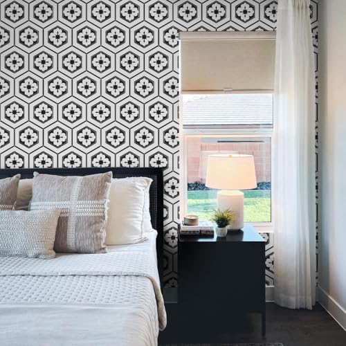 Naphite Black and White Peel and Stick Wallpaper Boho Geometric 17.3inW 78.7inL Black Modern Self Adhesive Removable Wallpaper for Bathroom Kitchen Backsplash Waterproof Contact Paper for Cabinets - Image 5