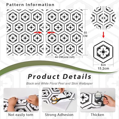 Naphite Black and White Peel and Stick Wallpaper Boho Geometric 17.3inW 78.7inL Black Modern Self Adhesive Removable Wallpaper for Bathroom Kitchen Backsplash Waterproof Contact Paper for Cabinets - Image 3