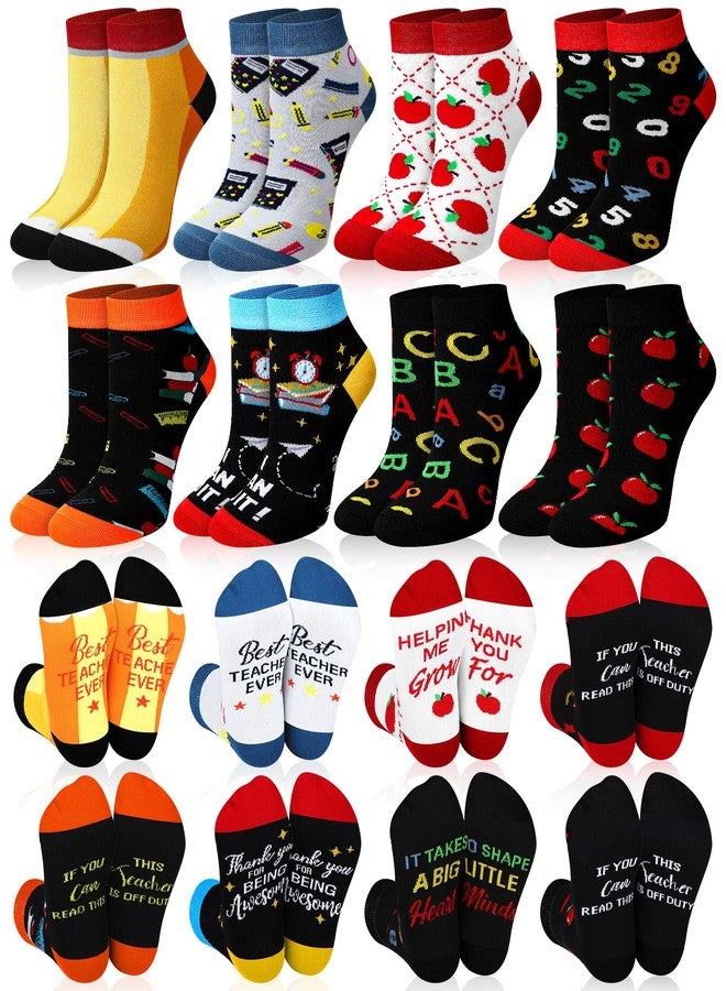 Sintege 8 Pairs Novelty Teacher Socks for Women Funny Christmas Teacher Appreciation Gifts Apple and Pencil Ankle Socks for Xmas Party Supplies - Image 1