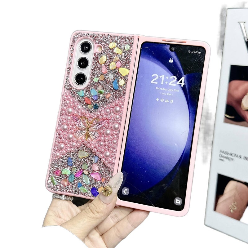 Protective Case | Pink | TPU | 3D Stone Rhinestone Butterfly Pattern | Soft Edge | Shockproof Cover for Samsung Galaxy Z Fold 6 - Image 1