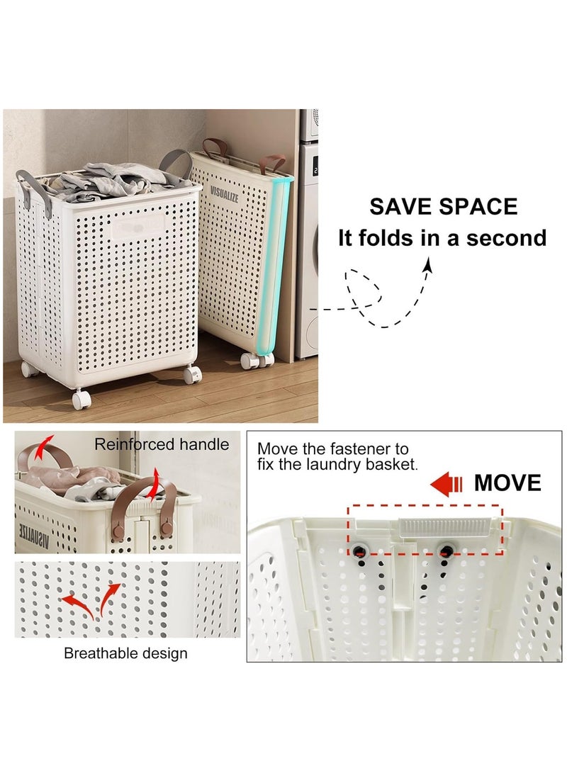 DELGREEN Foldable Laundry Basket, Large Capacity Portable Dirty Laundry Basket with Wheels, Lightweight Foldable Laundry Bin, Space-Saving Laundry Hamper, for Home, Laundry, Travel White - Image 4