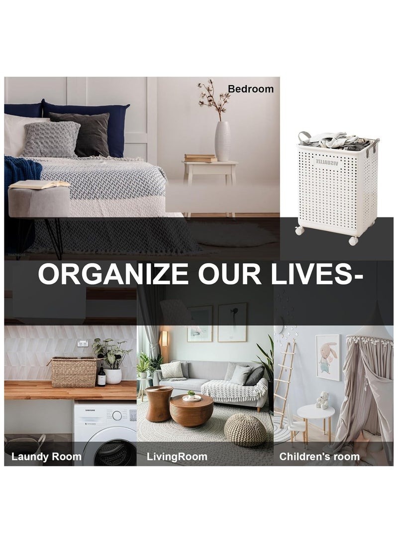 DELGREEN Foldable Laundry Basket, Large Capacity Portable Dirty Laundry Basket with Wheels, Lightweight Foldable Laundry Bin, Space-Saving Laundry Hamper, for Home, Laundry, Travel White - Image 5