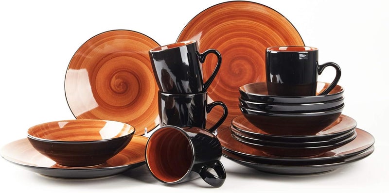 HomeVss Sonoma Stoneware 16pc Dinnerware Set Outside Black  Inside Hand Painting Color Spice - Image 2