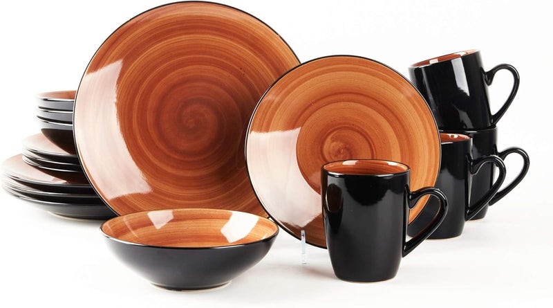 HomeVss Sonoma Stoneware 16pc Dinnerware Set Outside Black  Inside Hand Painting Color Spice - Image 1