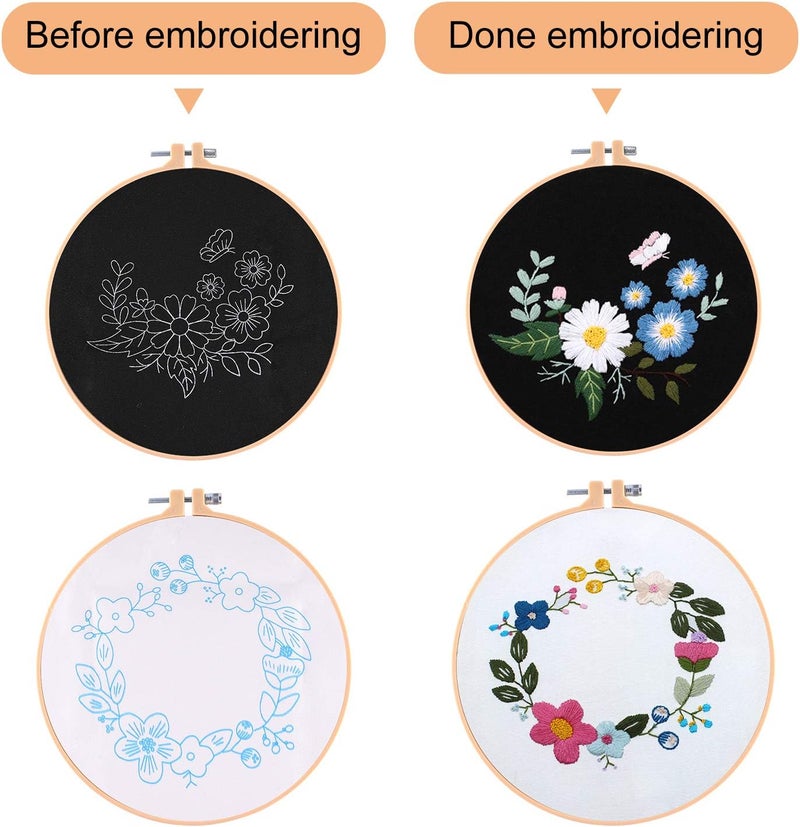 FEPITO 5 Sets Embroidery Starter Kit with Pattern and Instructions Cross Stitch Kit Including 5 Pcs Embroidery Clothes with Floral Pattern, 2 Pcs Plastic Embroidery Hoops, Color Threads Needle Kit - Image 5