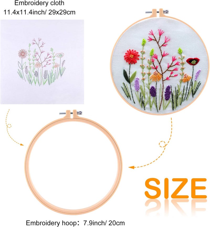 FEPITO 5 Sets Embroidery Starter Kit with Pattern and Instructions Cross Stitch Kit Including 5 Pcs Embroidery Clothes with Floral Pattern, 2 Pcs Plastic Embroidery Hoops, Color Threads Needle Kit - Image 3
