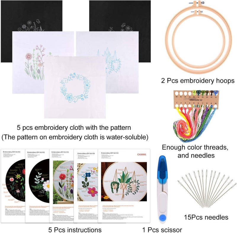 FEPITO 5 Sets Embroidery Starter Kit with Pattern and Instructions Cross Stitch Kit Including 5 Pcs Embroidery Clothes with Floral Pattern, 2 Pcs Plastic Embroidery Hoops, Color Threads Needle Kit - Image 2