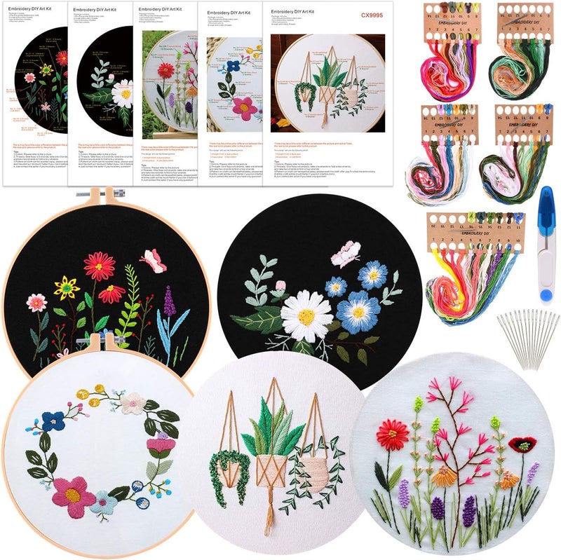 FEPITO 5 Sets Embroidery Starter Kit with Pattern and Instructions Cross Stitch Kit Including 5 Pcs Embroidery Clothes with Floral Pattern, 2 Pcs Plastic Embroidery Hoops, Color Threads Needle Kit - Image 1
