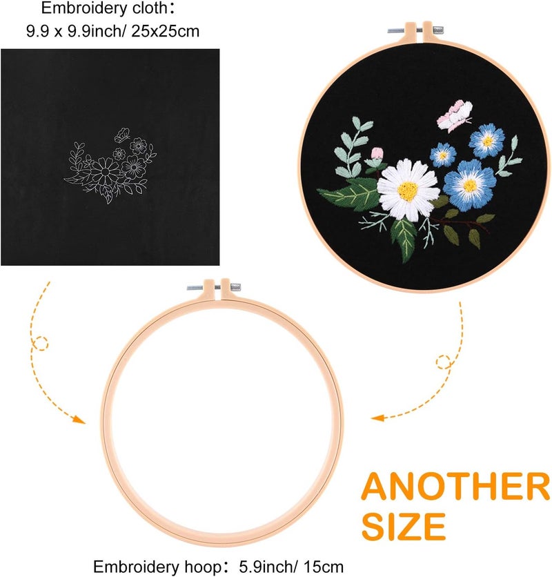 FEPITO 5 Sets Embroidery Starter Kit with Pattern and Instructions Cross Stitch Kit Including 5 Pcs Embroidery Clothes with Floral Pattern, 2 Pcs Plastic Embroidery Hoops, Color Threads Needle Kit - Image 4