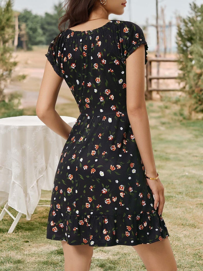 HUHOT Short Petite Dresses for Women 5 Ft Summer Casual Milkmaid Sun Dress Vacation Teen 2026 with Pockets Mini Sundresss Flower Spring Cap Sleeve Aline Beach Wedding Black Floral - Image 5