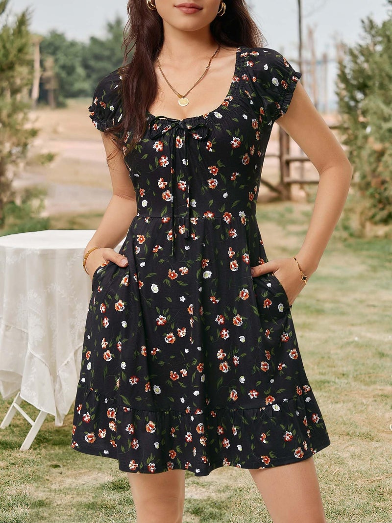 HUHOT Short Petite Dresses for Women 5 Ft Summer Casual Milkmaid Sun Dress Vacation Teen 2026 with Pockets Mini Sundresss Flower Spring Cap Sleeve Aline Beach Wedding Black Floral - Image 3