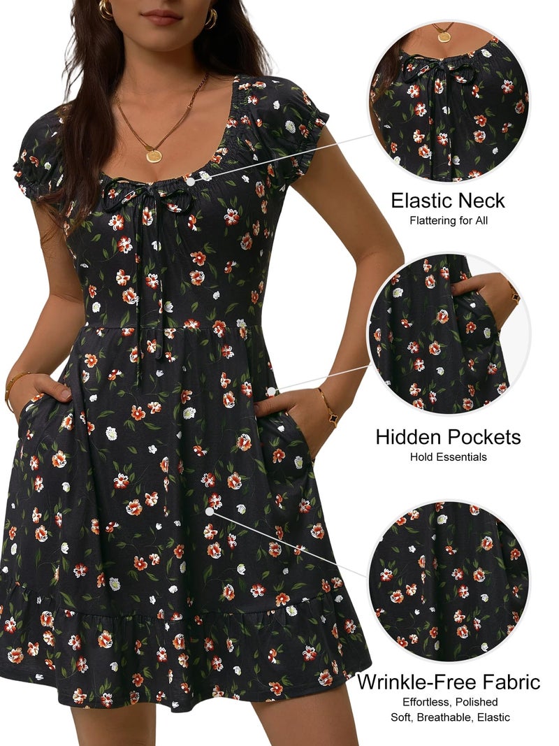 HUHOT Short Petite Dresses for Women 5 Ft Summer Casual Milkmaid Sun Dress Vacation Teen 2026 with Pockets Mini Sundresss Flower Spring Cap Sleeve Aline Beach Wedding Black Floral - Image 4