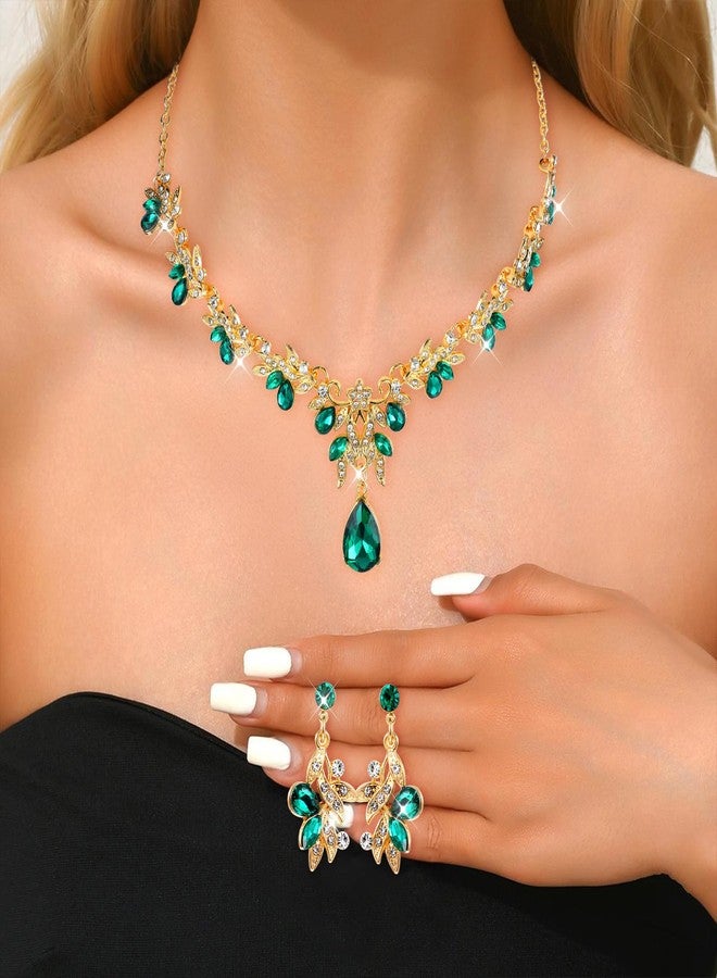 Telooco Wedding Jewelry Sets for Women Rhinestones Green Jewelry Sets for Women Luxurious Bridesmaids Bridal Necklaces Earrings, Elegant Accessories for Ball and Dinner Dresses - Image 3