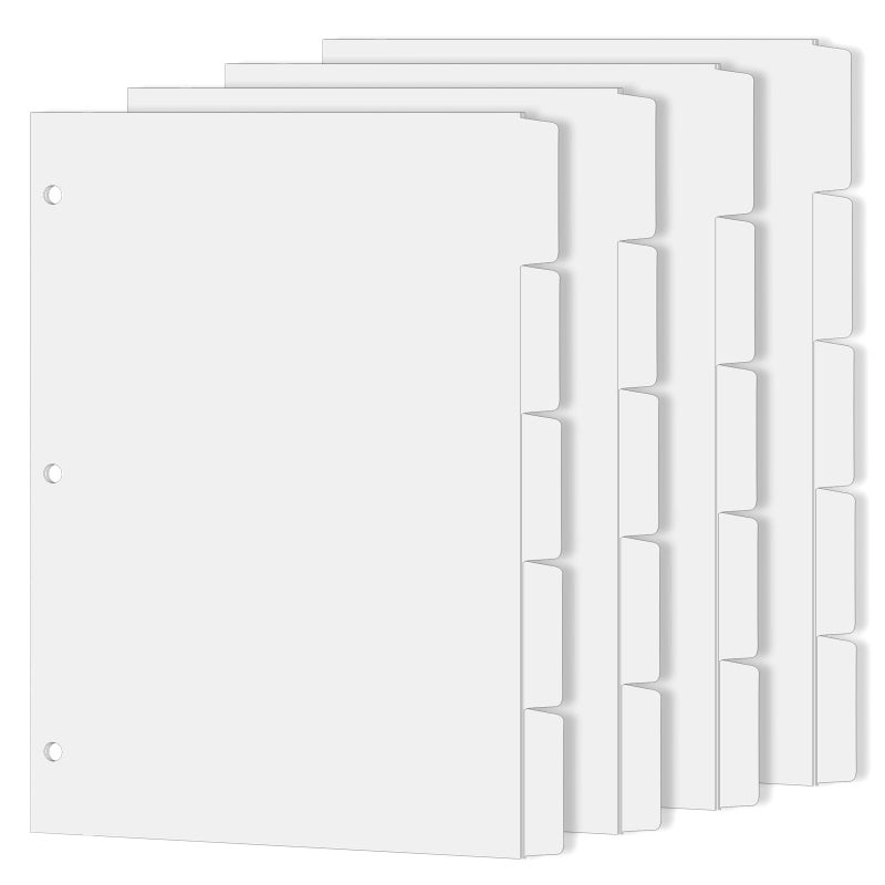 Coidea Binder Dividers for 3 Ring Binder, 1/5 Cut Tabs, Letter Size, Blank Write On Page Dividers with 5 Big Tabs for School Office Home, 4 Sets, 20 Dividers, White - Image 1