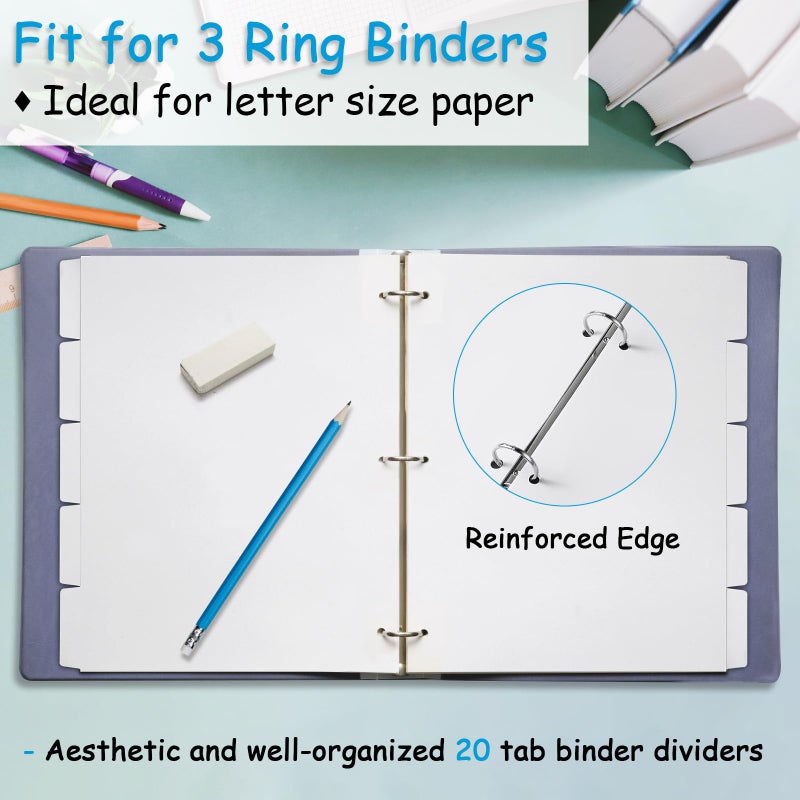 Coidea Binder Dividers for 3 Ring Binder, 1/5 Cut Tabs, Letter Size, Blank Write On Page Dividers with 5 Big Tabs for School Office Home, 4 Sets, 20 Dividers, White - Image 4