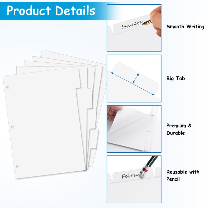 Coidea Binder Dividers for 3 Ring Binder, 1/5 Cut Tabs, Letter Size, Blank Write On Page Dividers with 5 Big Tabs for School Office Home, 4 Sets, 20 Dividers, White - Image 3
