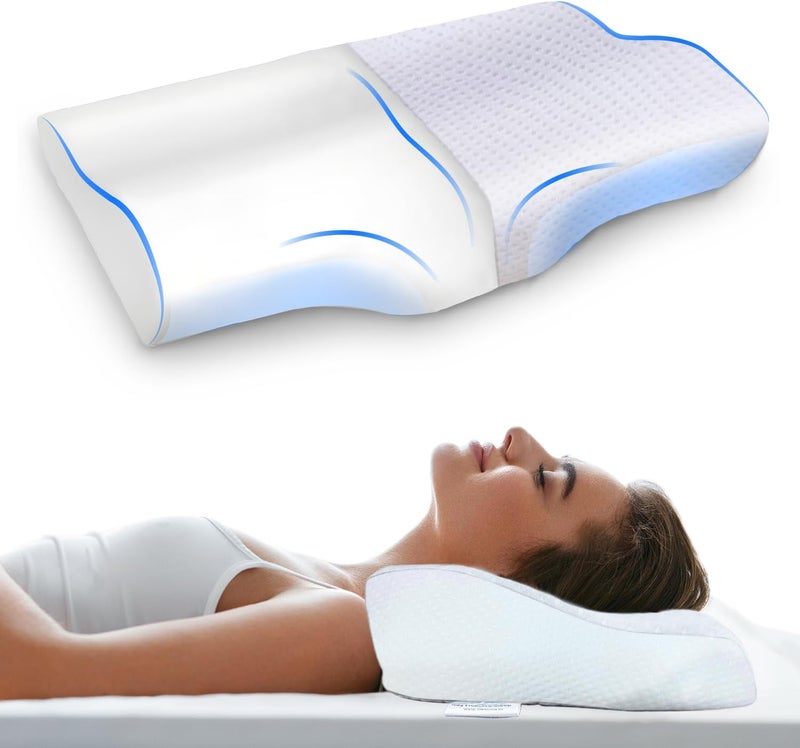 Sleepsia وسادة من الرغوة الذاكرة | وسادة مخصصة لدعم العمود الفقري العنقي لتخفيف آلام الرقبة والكتفين | وسادة طبية توفر دعمًا إضافيًا للرقبة لمن ينامون على الجانب أو الظهر (لون أبيض) - Image 1