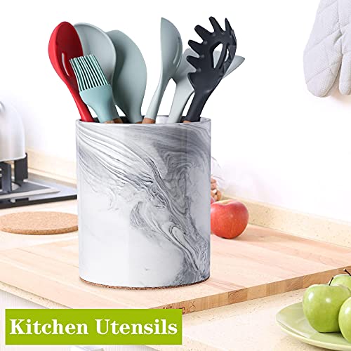 Yundu Porcelain Gray Marble Utensil Crock, Kitchen Utensil Holder for Countertop, 7″ Large Size for Storage,Table-Protection Cork Mat - Image 4
