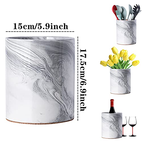 Yundu Porcelain Gray Marble Utensil Crock, Kitchen Utensil Holder for Countertop, 7″ Large Size for Storage,Table-Protection Cork Mat - Image 2