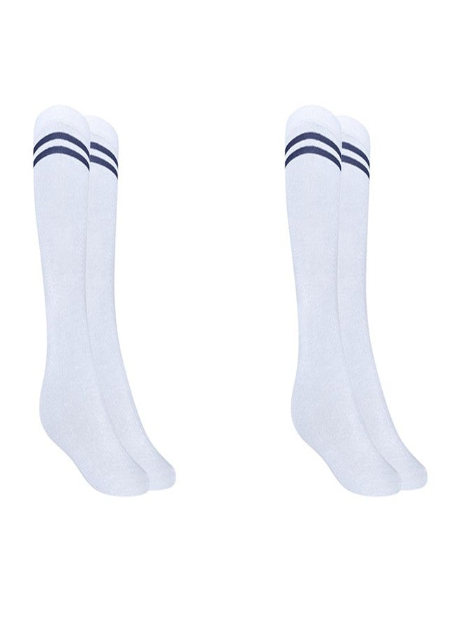 MUKHAKSH Girls Kids White Socks with Navy Blue Stripes Border Lining White with Navy Blue Stripes School Uniform Dress Socks Calf Length - Image 1