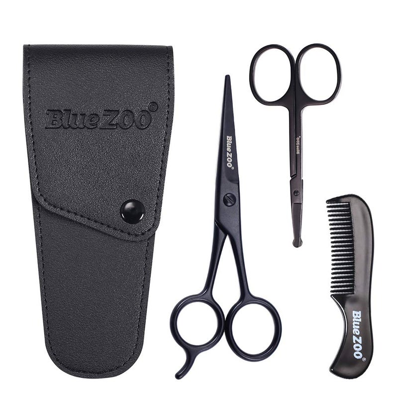 BlueZOO Beard Mustache Scissors and Comb Kit with PU Storage Bag, Rounded Safety Nose Hair Scissor for Men and Women Care Grooming, Ear Trimming Tool, Shears for Personal Grooming, Cutting & Styling - Image 1