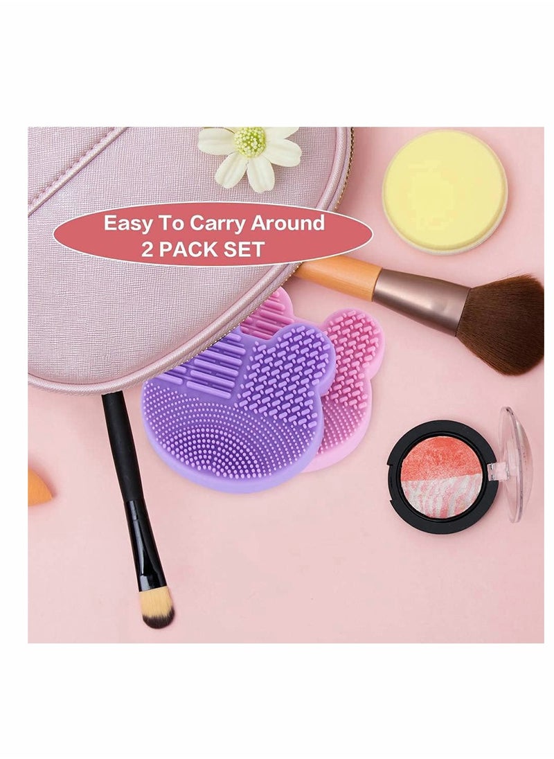 SYOSI - 2 Pack Makeup Brush Cleaning Mat with Color Removal Sponge in 1 Design Silicone Cleaner Pad for Dry Switch and Wet Quickly Easily Clean Brushes Purple Pink - Image 1
