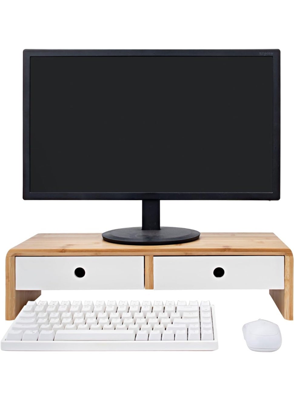 2 Tier Wooden Monitor Stand with Drawers, Desk Riser with Cable Management, Space-Saving Desktop Organizer for Home Office, Multi-Layer Computer Shelf with Storage Drawer, Mixed White