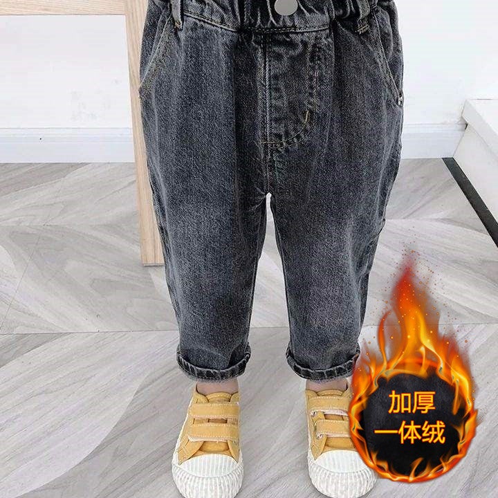 Boys' Fleece-Lined Thickened Denim Pants Winter Children'S One-Piece Fleece Cotton Pants New Baby Warm Pants - Image 4