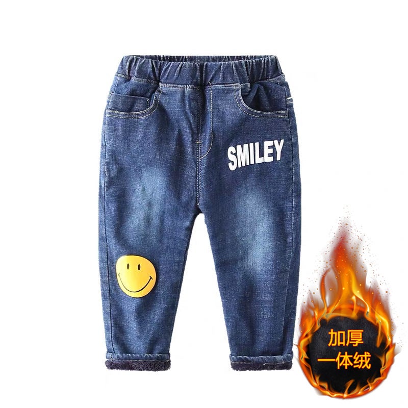 Boys' Fleece-Lined Thickened Denim Pants Winter Children'S One-Piece Fleece Cotton Pants New Baby Warm Pants - Image 1