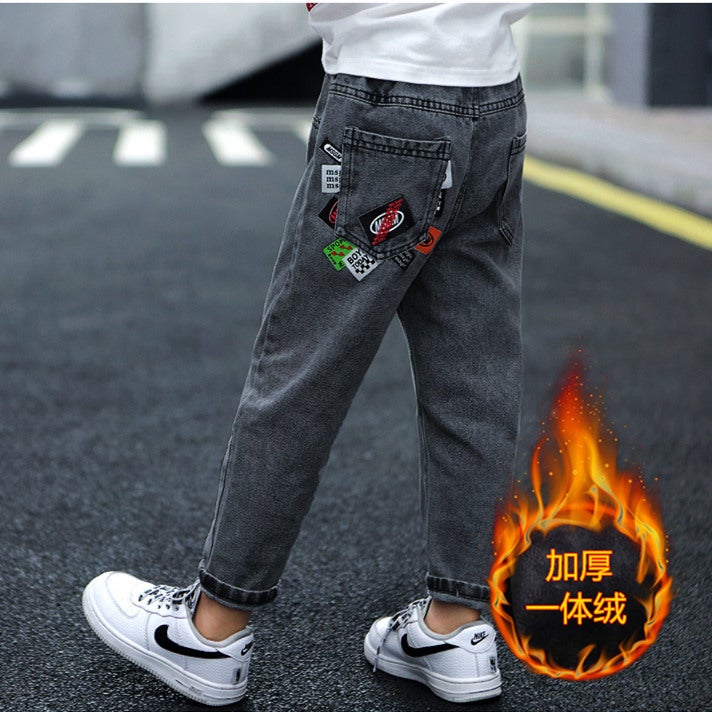 Boys' Fleece-Lined Thickened Denim Pants Winter Children'S One-Piece Fleece Cotton Pants New Baby Warm Pants - Image 5